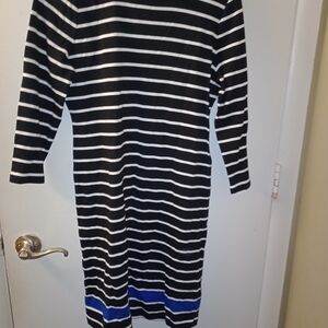 Black and White Striped Dress with Blue Accents